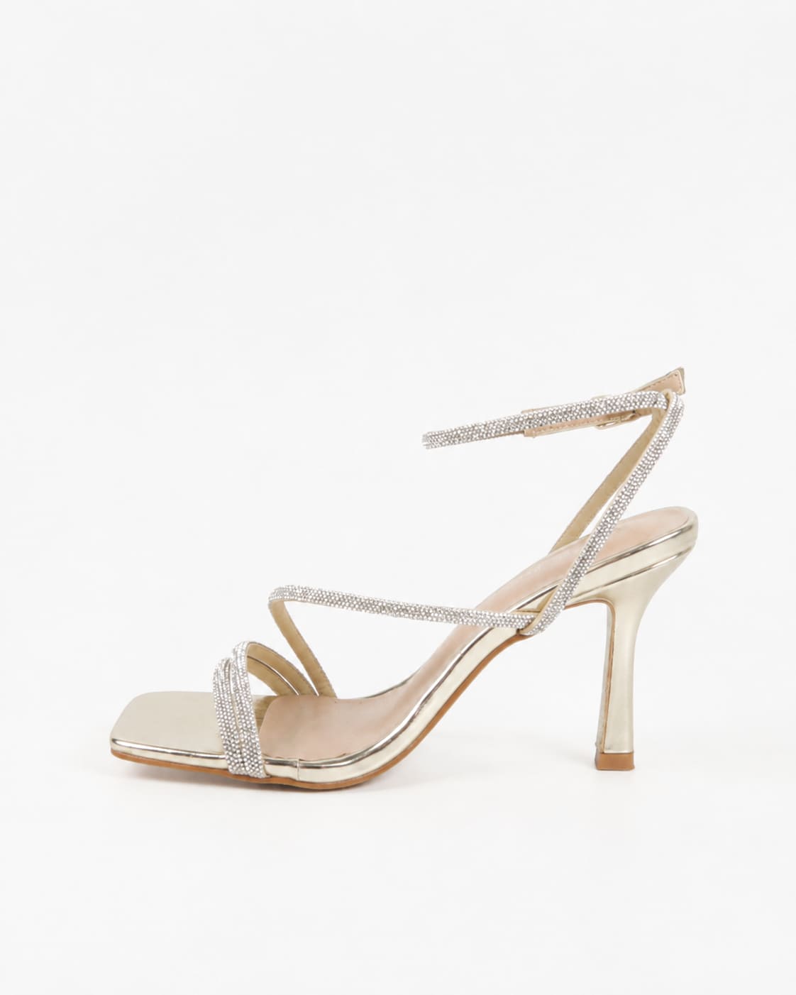 Chaussures femmes soirée dorées à talon et strass 