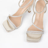 Chaussures femmes soirée dorées à talon et strass 