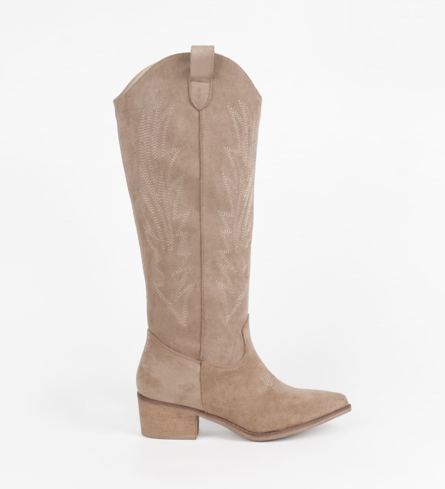 botte santiag taupe à tige haute brodée vue de profil extérieur
