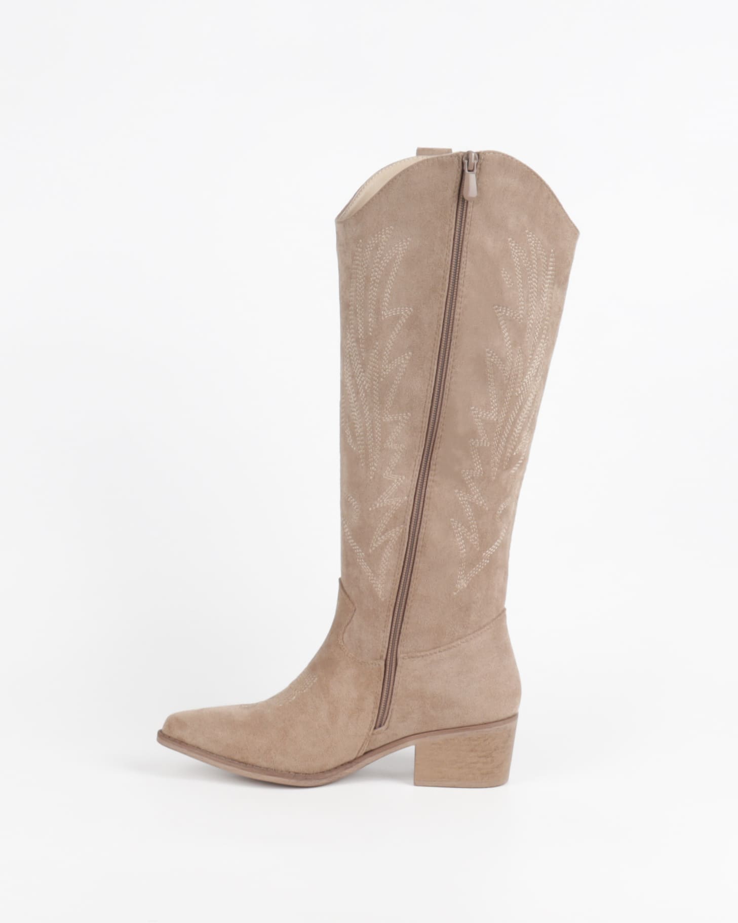 botte santiag taupe à tige haute avec fermeture zippée vue de profil intérieur
