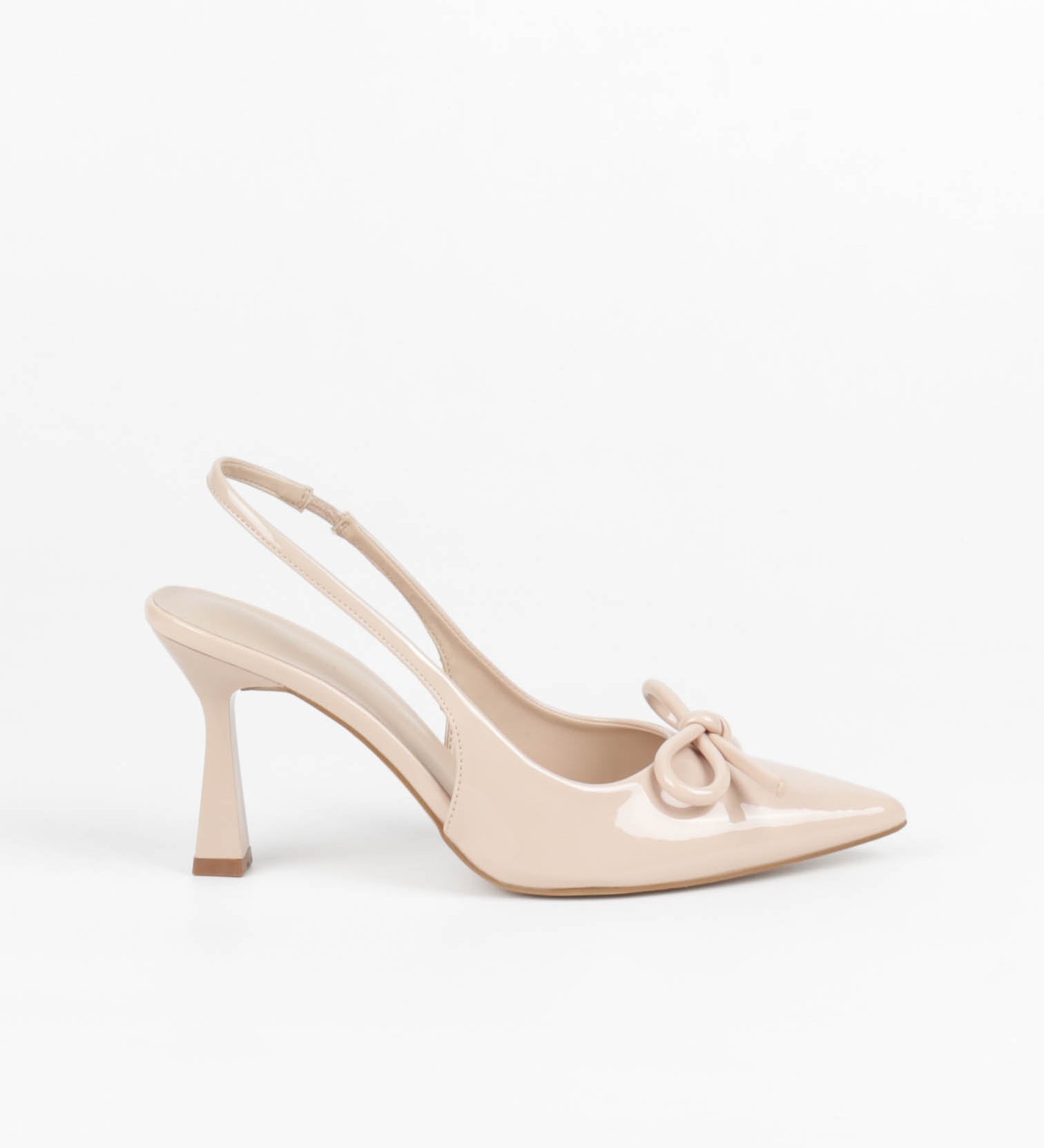 escarpin femme nude verni à nœud, bout pointu et bride arrière 