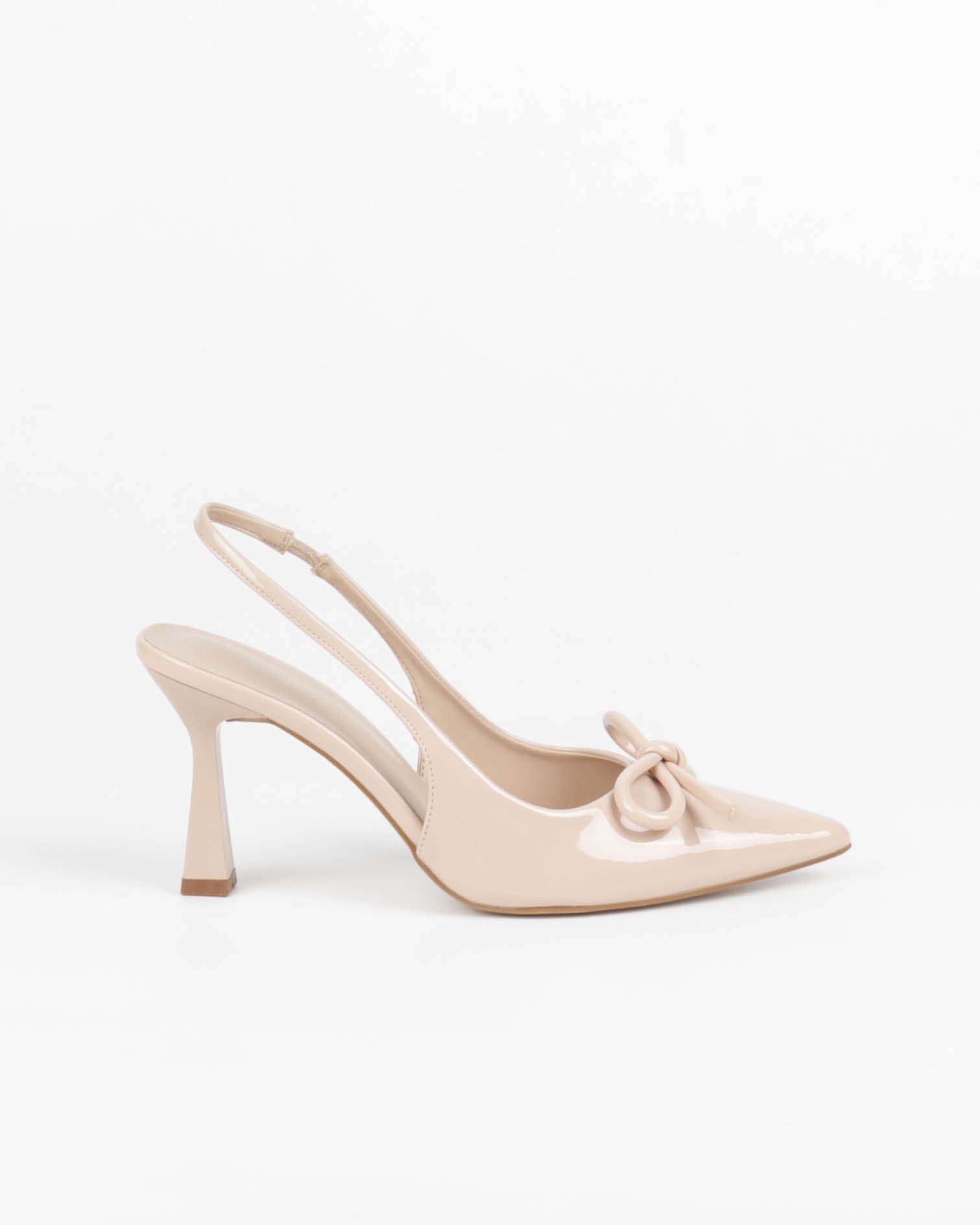 escarpin femme nude verni à nœud, bout pointu et bride arrière 