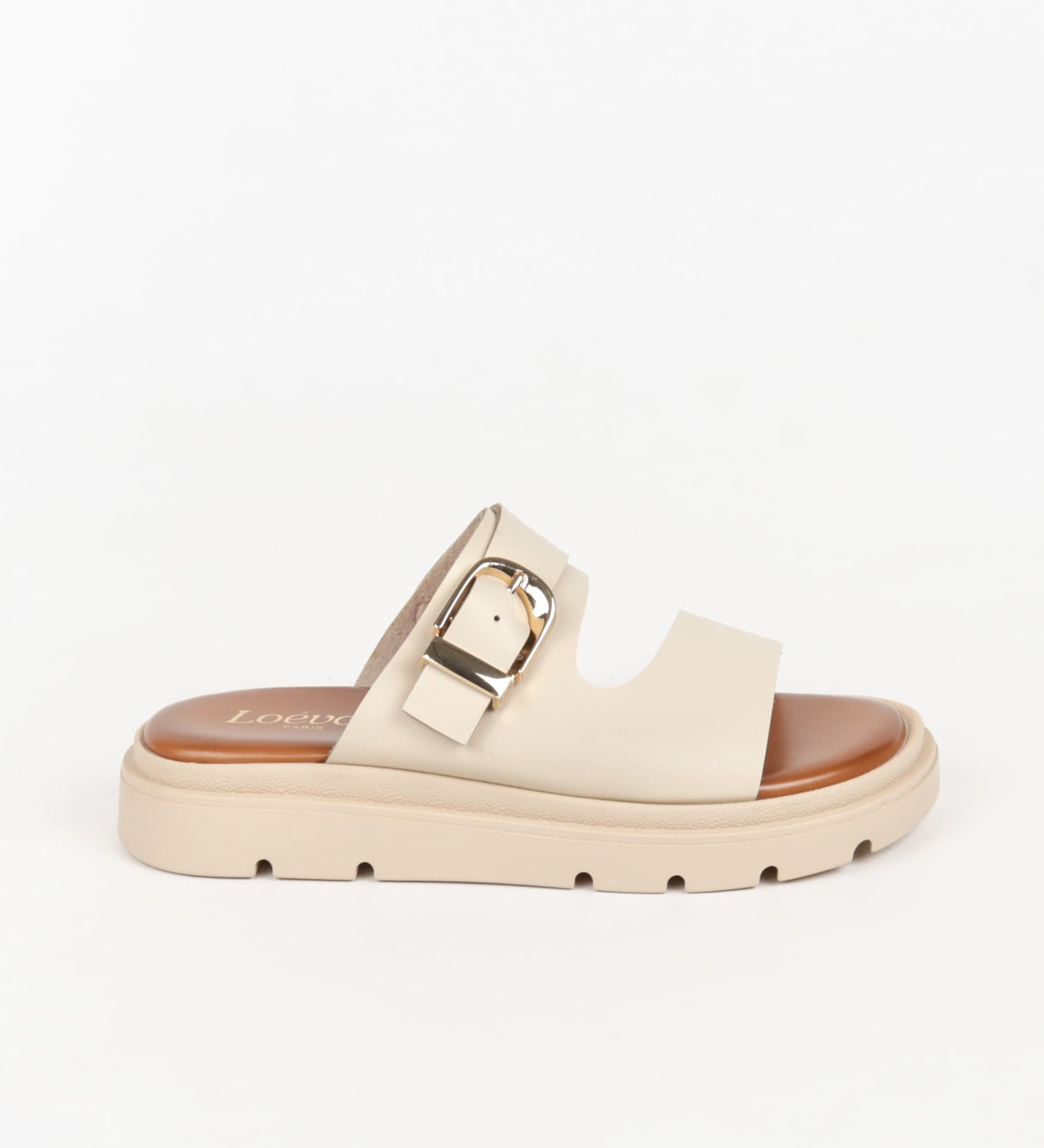 mules femme beige à double bride avec boucle dorée et semelle épaisse