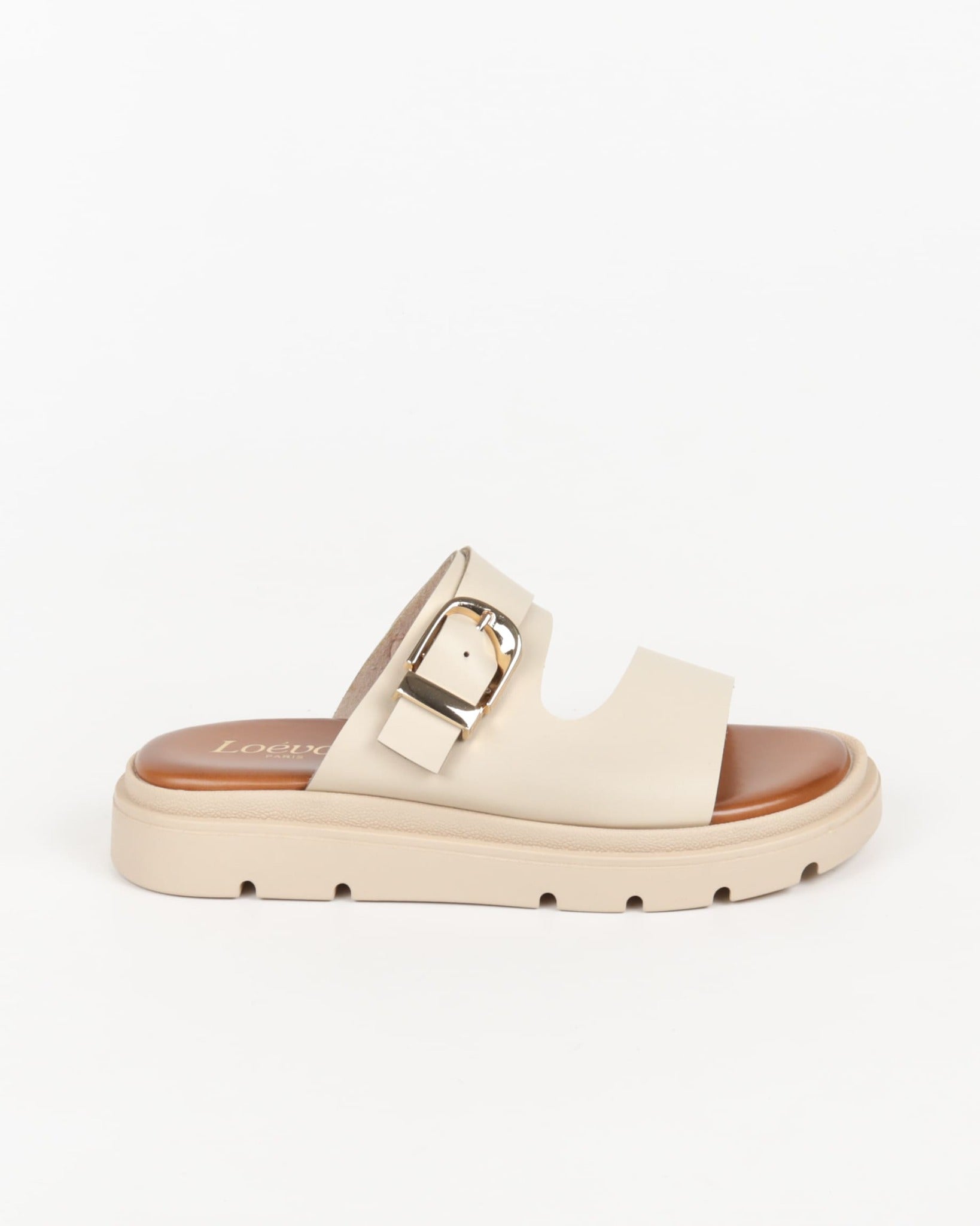 mules femme beige à double bride avec boucle dorée et semelle épaisse