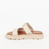 mules femme beige à double bride avec boucle dorée et semelle épaisse