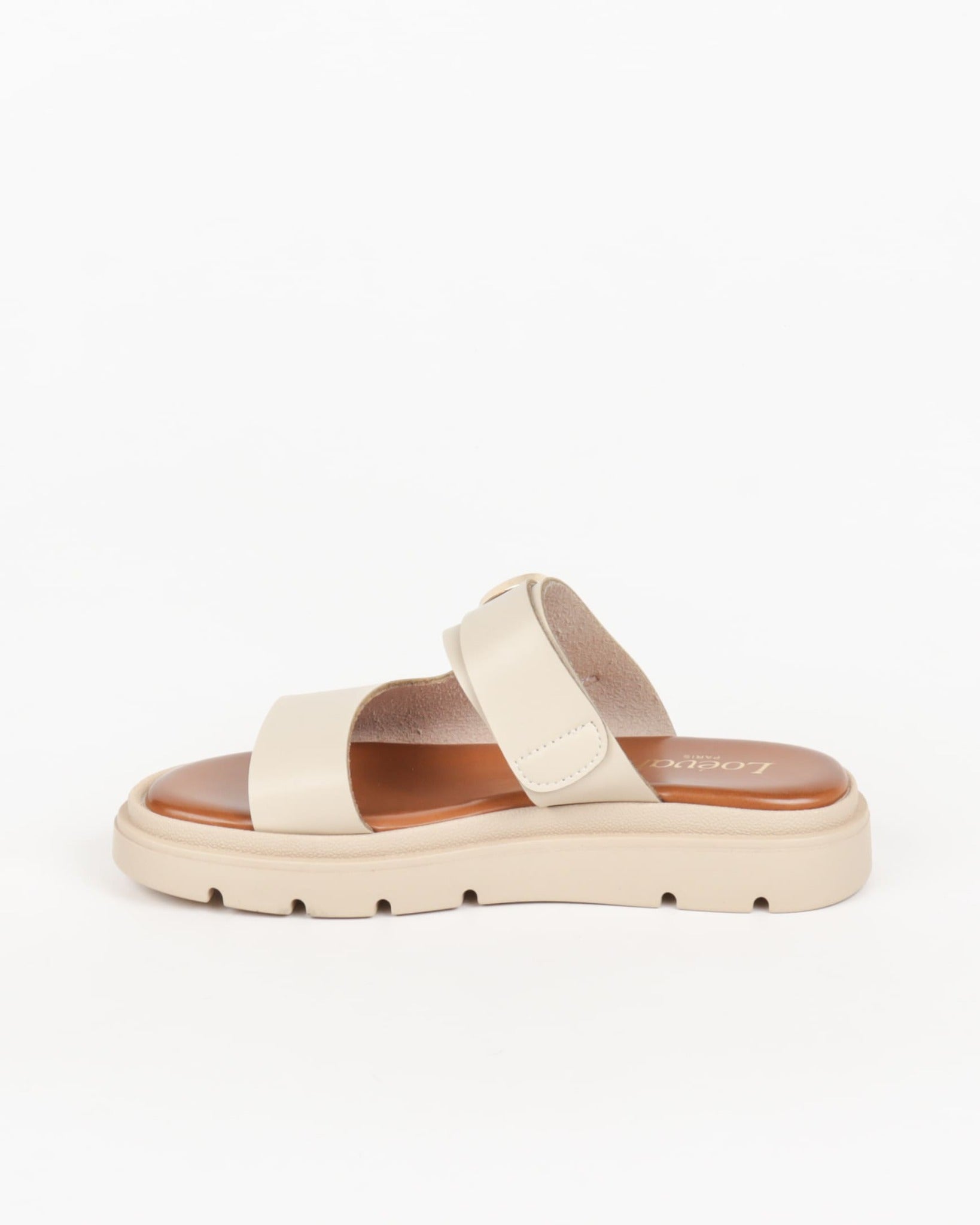 mules femme beige à double bride avec boucle dorée et semelle épaisse