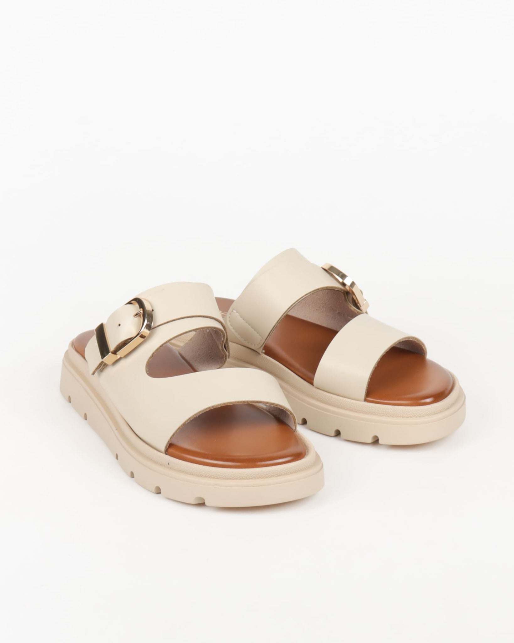 mules femme beige à double bride avec boucle dorée et semelle épaisse