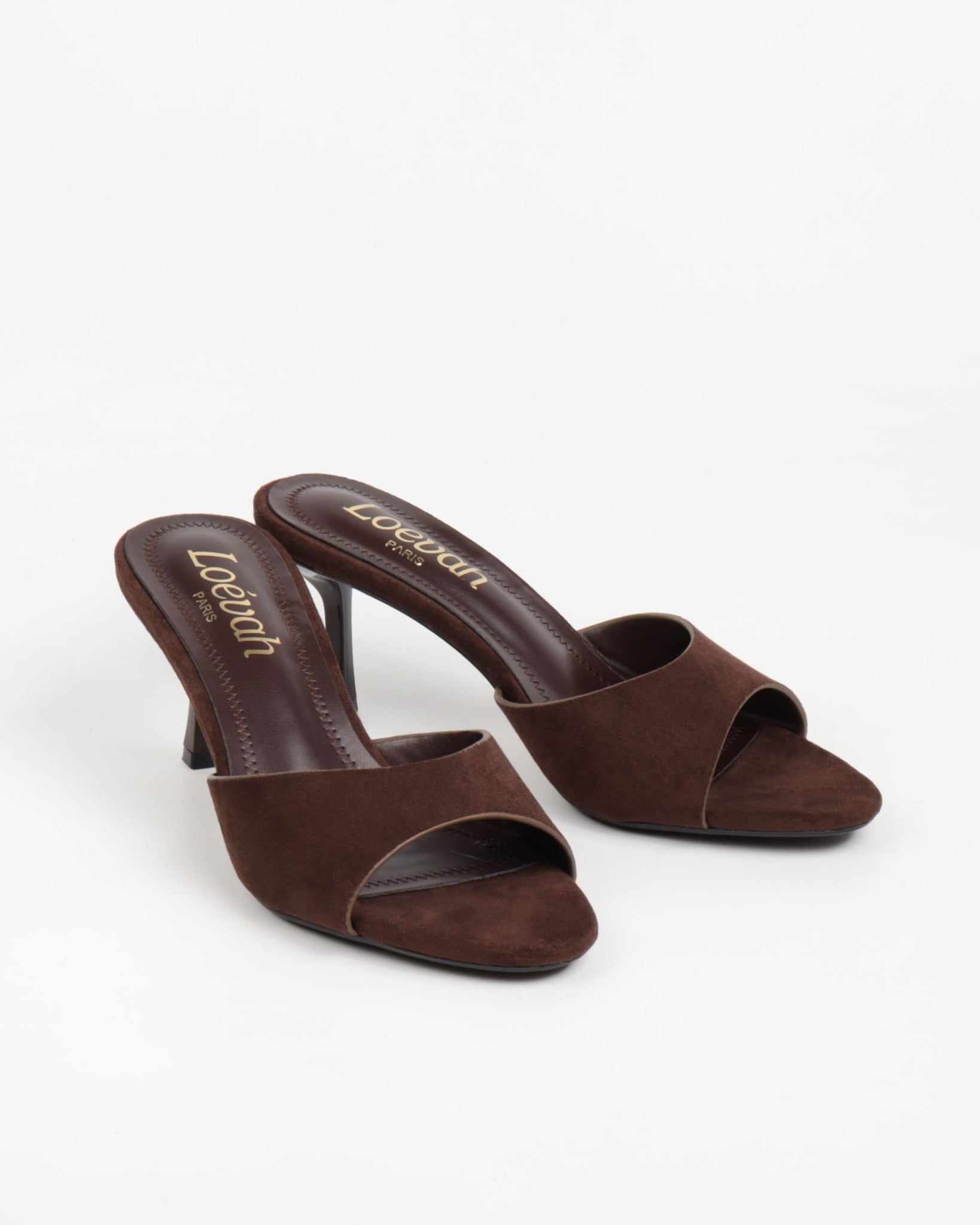 mules femme suédine marron à talon fin 