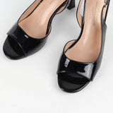 Sandale slingback femme vernie noir à bout ouvert et talon évasé