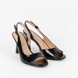 Sandale slingback femme vernie noir à bout ouvert et talon évasé