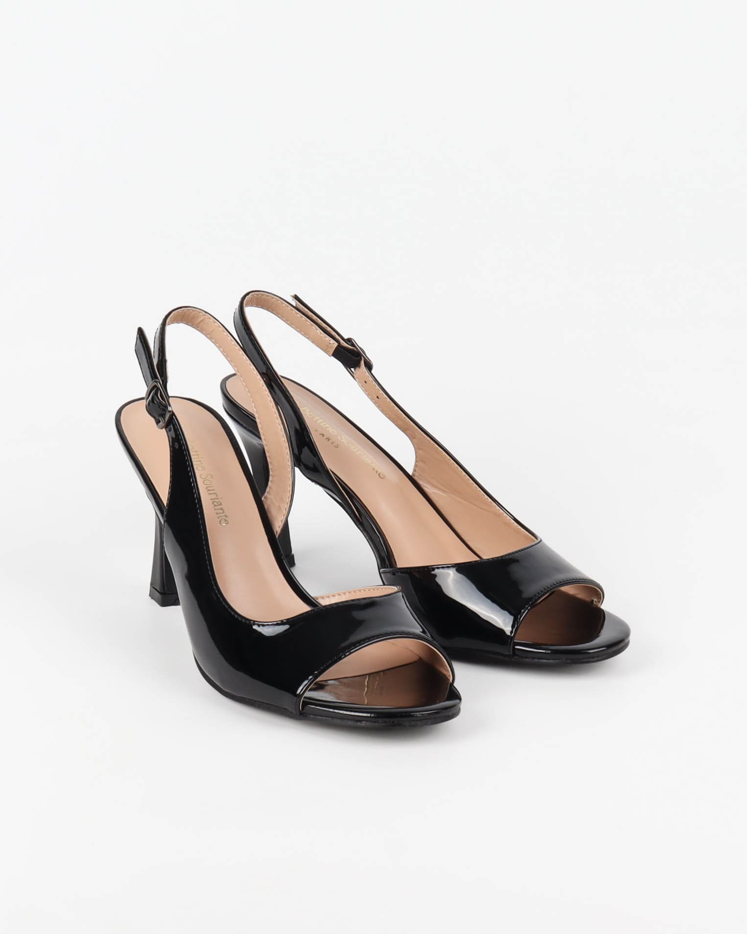 Sandale slingback femme vernie noir à bout ouvert et talon évasé