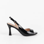 Sandale slingback noir vernie à bout ouvert et talon évasé 