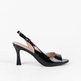 Sandale slingback noir vernie à bout ouvert et talon évasé 