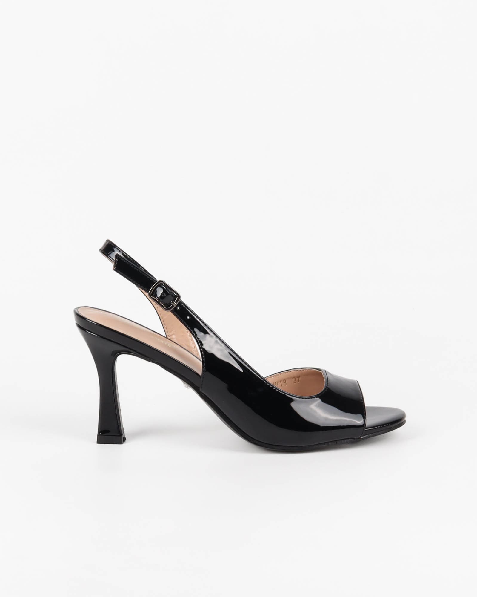 Sandale slingback noir vernie à bout ouvert et talon évasé 