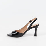 Sandale slingback femme vernie noir à bout ouvert et talon évasé 