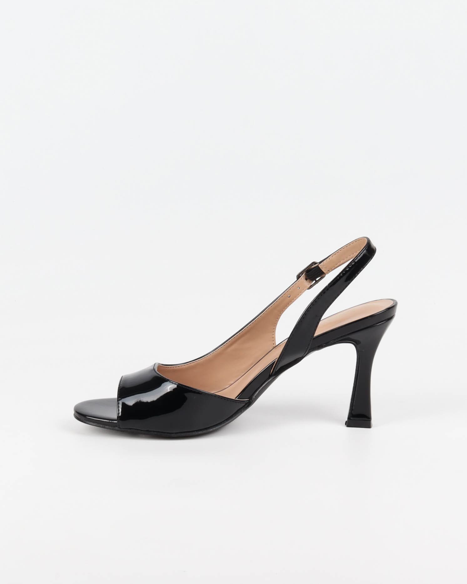 Sandale slingback femme vernie noir à bout ouvert et talon évasé 