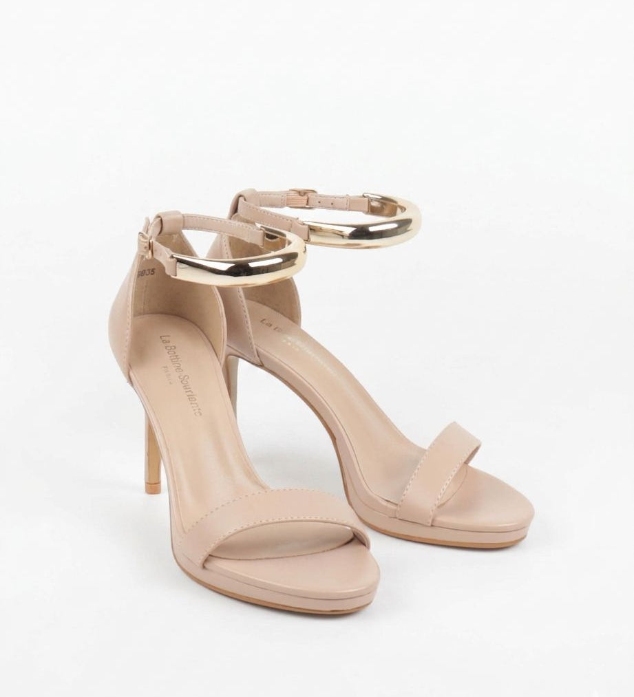 Sandales soirée femme Nude à talon avec bracelet bijou 