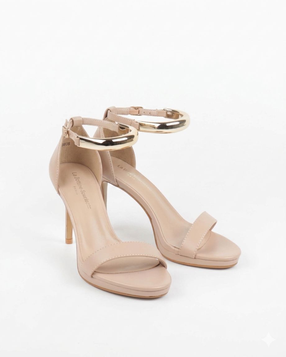 Sandales soirée femme Nude à talon avec bracelet bijou 